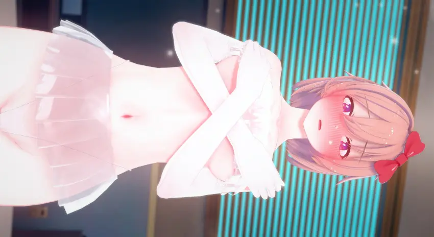 Image blush,bow,breasts,female,female_only,looking_at_viewer,open_mouth,blue_eyes,short_hair,white_legwear,thick_thighs,embarrassed,belly_button,eyebrows_visible_through_hair,medium_breasts,3d,miniskirt,white_panties,koikatsu,blush_lines,doki_doki_literature_club,see-through_clothing,covering_breasts,white_armwear,red_bow,just_sayori,sayori_(doki_doki_literature_club),mashirosolera,coral_pink_hair