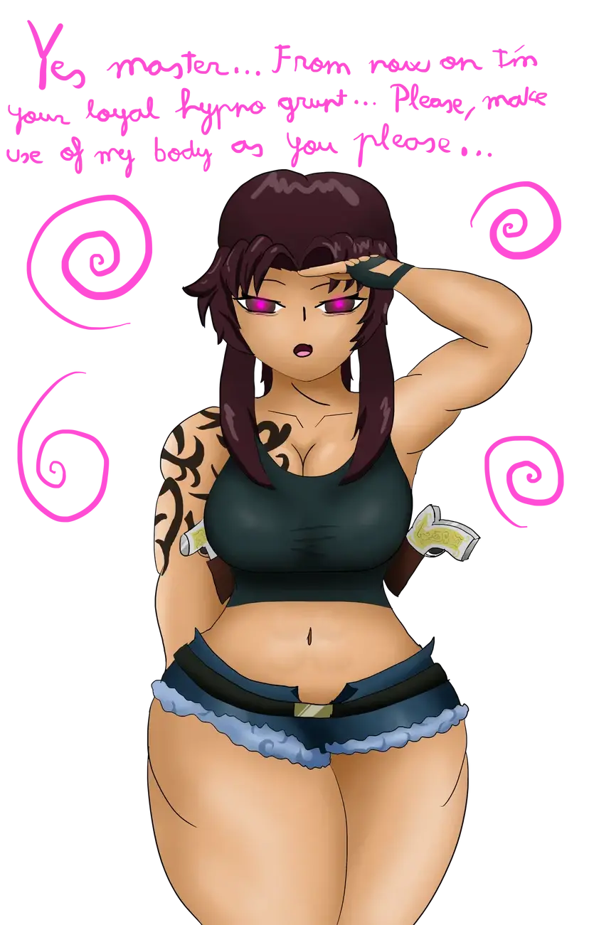 Image 1girls,female,black_hair,female_focus,midriff,text,femsub,hypnosis,brainwashing,mind_control,saluting,short_shorts,spiral,black_lagoon,revy