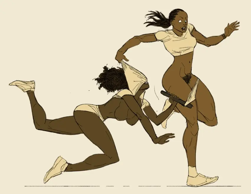 Image breasts,exposed_breasts,female,shirt_pull,multiple_girls,pants_down,dark-skinned_female,shirt_lift,running,wardrobe_malfunction,shirt_up,pants_pull,multiple_females,accidental_exposure,assisted_exposure,en-pinups,stripped,relay_nudity