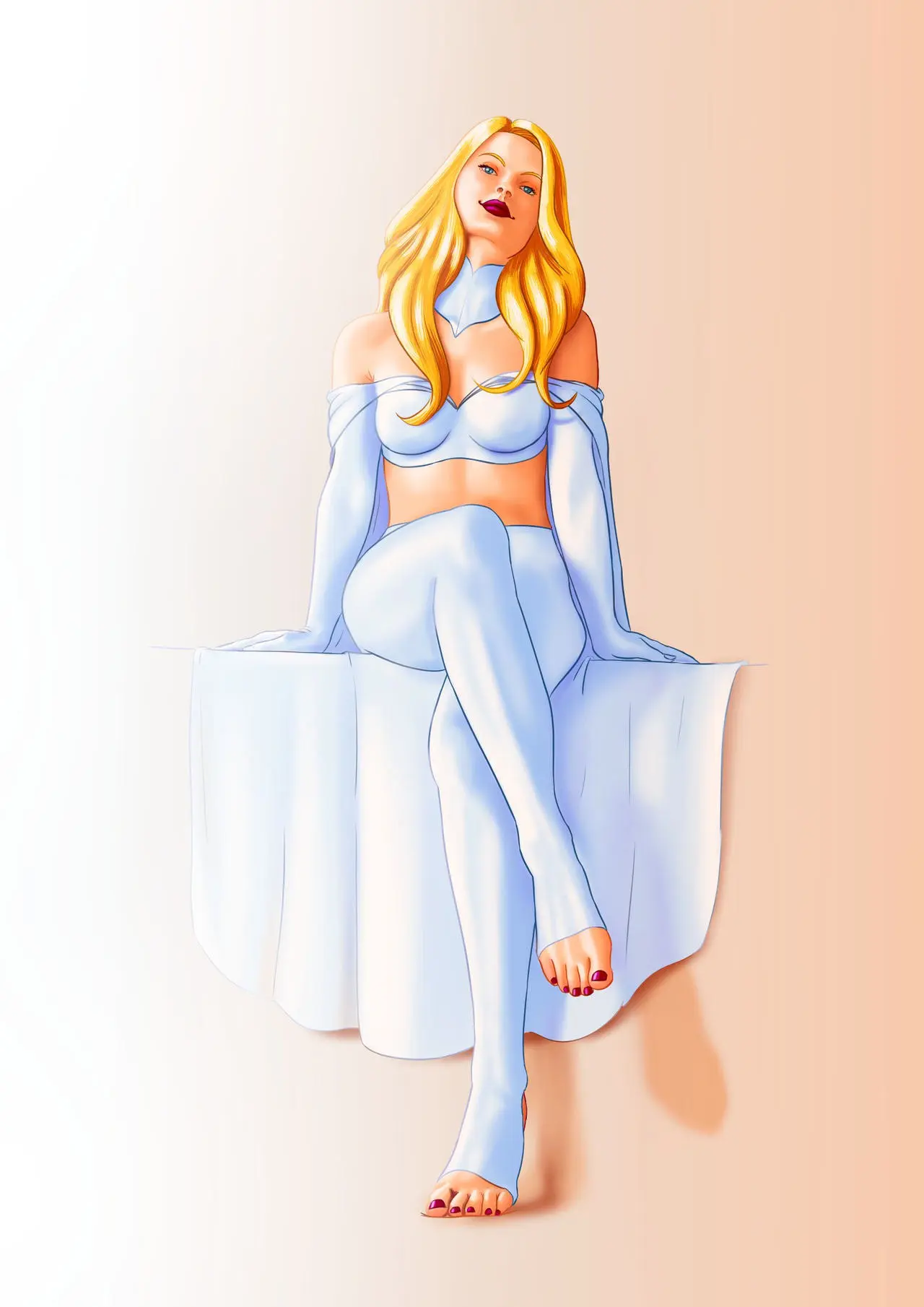 Image female,female_only,looking_at_viewer,blue_eyes,cleavage,blonde_hair,curvy,curvy_female,looking_down,toes,marvel,marvel_comics,x-men,toenails,emma_frost,white_queen,sileax,toeless_shoes