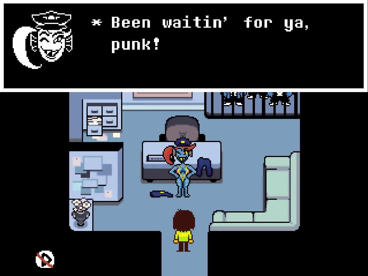 Image clothing,female,human,bikini,duo,watermark,solo_focus,anthro,one_eye_closed,wink,ambiguous_gender,mammal,string_bikini,clothing_aside,dialogue_box,fish,marine,swimwear,deltarune,sans,undertale_(series),kris_(deltarune),prison,nsfwfromd,undyne