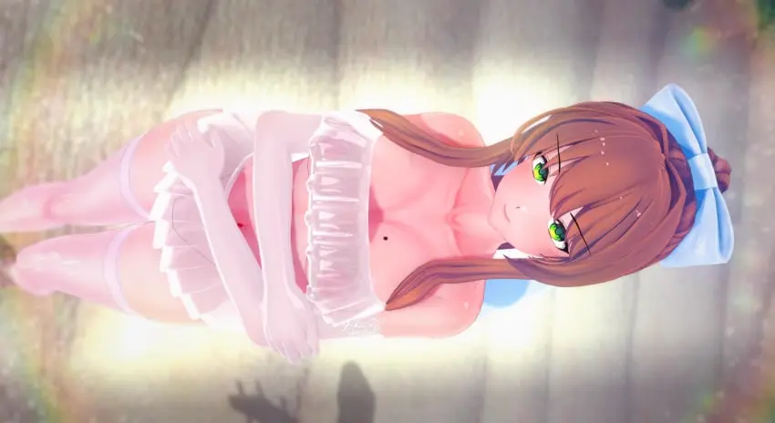Image bow,breasts,female,female_only,white_legwear,thick_thighs,ponytail,belly_button,cleavage,collarbone,eyebrows_visible_through_hair,looking_away,green_eyes,medium_breasts,hand_under_breasts,light_blush,3d,outdoors,miniskirt,koikatsu,doki_doki_literature_club,see-through_clothing,brunette_hair,looking,viewed_from_above,aura,white_bow,white_armwear,monika_(doki_doki_literature_club),mashirosolera