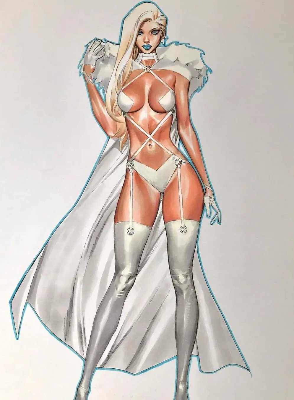 Image breasts,female,female_only,large_breasts,blue_eyes,navel,thighhighs,choker,thick_thighs,tan_body,blonde_hair,curvy,curvy_female,tanned_skin,tanned,tanned_female,fit,fit_female,hourglass_figure,cape,marvel,marvel_comics,x-men,blue_lipstick,emma_frost,hellfire_club,white_queen,celal_kok,hellfire_gala