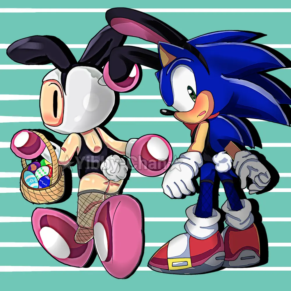 Image blush,male,looking_back,humanoid,watermark,2boys,crossdressing,male_only,stockings,bunny_ears,multiple_boys,rear_view,bunnysuit,fishnets,sega,sonic_(series),sonic_the_hedgehog,video_games,no_humans,non-human,fake_animal_ears,crossover,konami,non-human_only,video_game_character,fake_rabbit_ears,unknown_artist,bunny_boy,bomberman,bomberman_(series),hudson_soft,white_bomber,white_bomberman