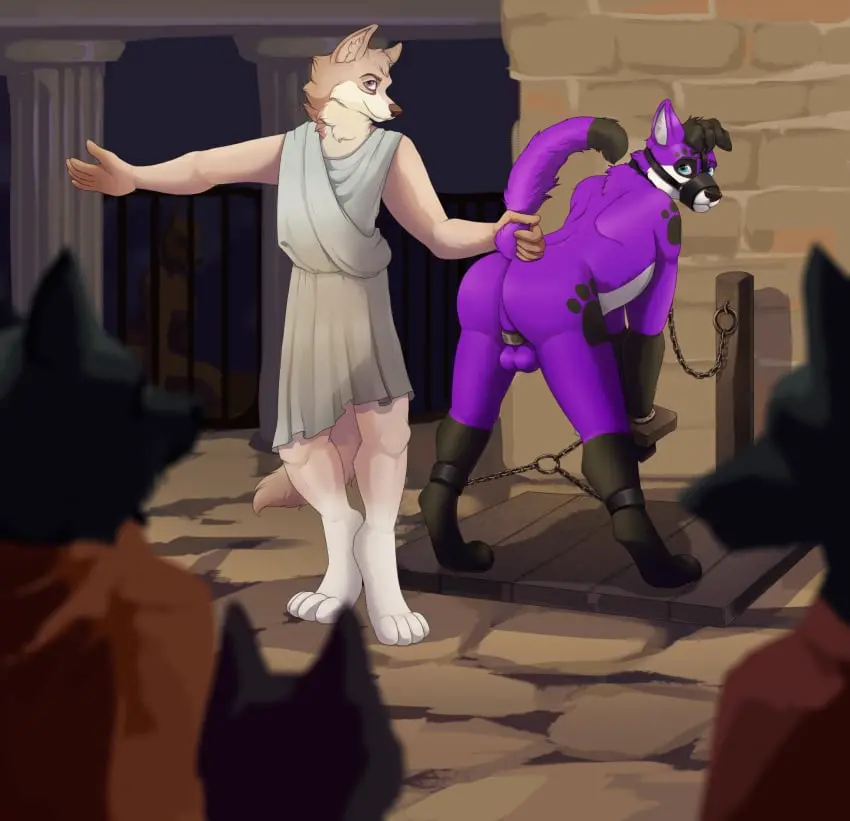Image clothed,clothing,hi_res,standing,black_hair,blue_eyes,male,nude,tail,ass,looking_back,kneeling,feet,male/male,belly,shadow,balls,hair,anthro,tan_body,purple_fur,purple_eyes,presenting,humiliation,helpless,public,collar,canid,canine,canis,domestic_dog,fur,genitals,mammal,wolf,rear_view,black_body,chastity_cage,submissive_male,submissive,5_fingers,black_nose,bondage,white_body,purple_body,outside,presenting_hindquarters,leaning_forward,fingers,front_view,toes,fluffy,fluffy_tail,markings,tan_fur,dipstick_tail,raised_tail,tail_markings,white_fur,group,chains,day,chained,bound,restraints,stocks,floppy_ears,black_fur,digitigrade,4_toes,questionable_consent,cuff_(restraint),backsack,restrained_arms,restrained_legs,black_legs,chastity_device,spitz,tail_grab,outdoor_nudity,public_nudity,slave,footprint,pawprint,pawprint_(marking),leaning,tiptoes,audience,brick_wall,stone_floor,roman_clothing,white_belly,wall_(structure),black_tail_tip,crazydonkey,public_display,background_character,muzzle_(object),muzzled,ankle_cuffs,worried_look,ancient_rome,antiquity,black_arms,black_ear,blurred_foreground,cage,caged,column,demonstration,elkhound,foreground_silhouette,pavement,pawalo,raised_arm,slaver