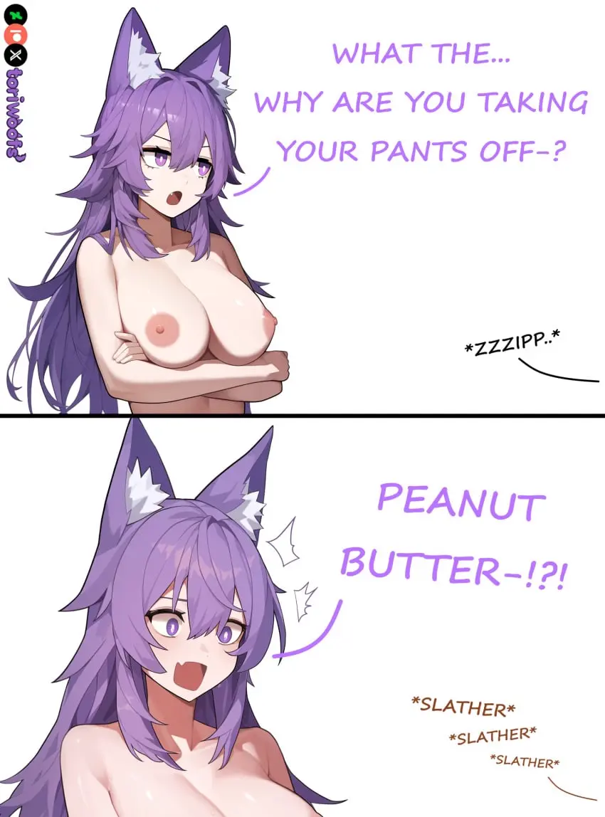Image 1girls,big_breasts,breasts,female,female_only,highres,light_skin,long_hair,white_background,nude,female_focus,thick_thighs,thighs,wide_hips,fang,patreon_username,watermark,hips,ai_generated,wavy_hair,huge_breasts,nude_female,kemonomimi,naked,pale-skinned_female,purple_eyes,curvy,pale_skin,purple_hair,cute,comic,comic_page,:o,dog_ears,dog_girl,naked_female,wolf_ears,speech_bubble,huge_boobs,purple_ears,light_skinned_female,humor,brat,doggirl,petgirl,purple_tail,tori,toriwoofs