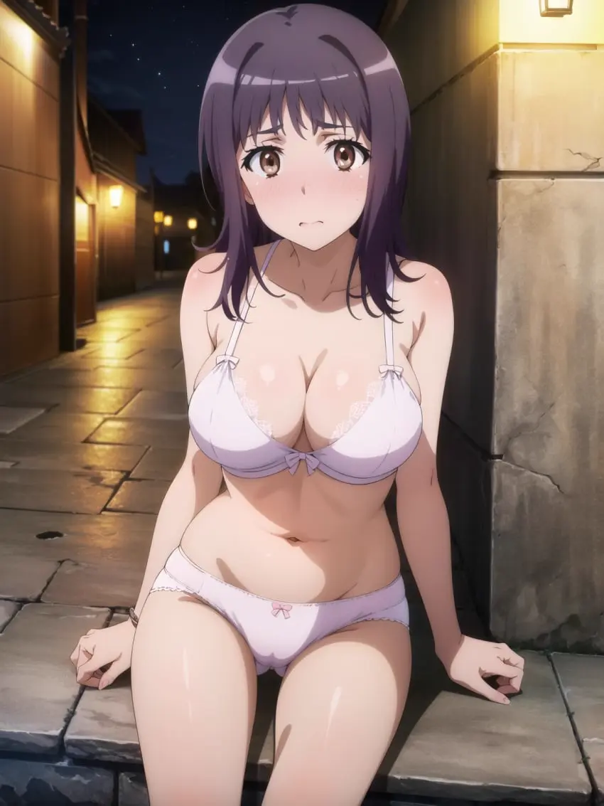 Image blush,breasts,female,underwear,ai_generated,sitting,underwear_only,night,night_sky,to_aru_majutsu_no_index,stairs,itsuwa,town