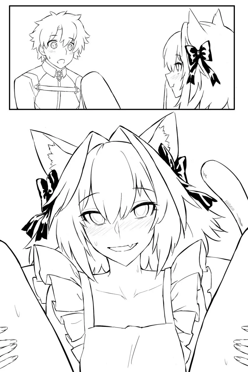 Image blush,smile,haraya,male,sweat,skin_fang,cat_ears,femboy,pink_hair,pink_eyes,flustered,cat_tail,excited,sweatdrop,ribbon,oerba_yun_fang,apron,flushed,fate_(series),ribbons,naughty_face,apron_only,astolfo_(fate),naked_apron,kenonomimi