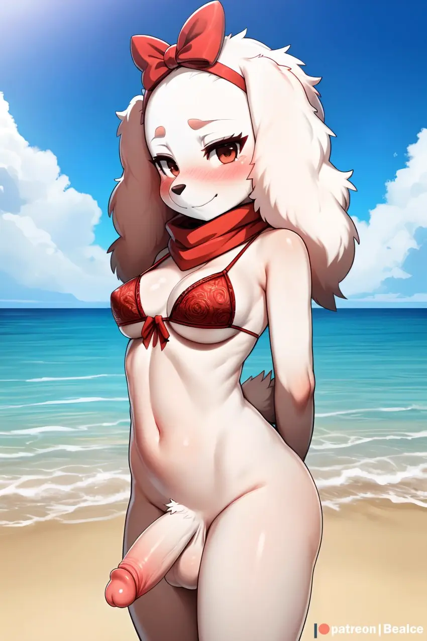 Image blush,breasts,looking_at_viewer,smile,solo,navel,penis,tail,furry,white_skin,1futa,futanari,humanoid_penis,intersex,beach,ai_generated,balls,anthro,medium_breasts,stable_diffusion,testicles,futa_only,outdoors,ribbon,bikini_top,black_nose,solo_futa,hands_behind_back,humanoid_genitalia,scarf,white_fur,floppy_ears,red_ribbon,sea,red_scarf,star_fox,bealce,fay_spaniel,medium_penis,pubic_tuft,red_bikini_top