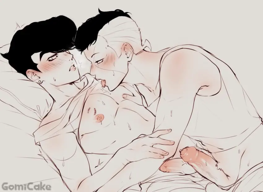 Image nipples,licking,male,penis,male_only,yaoi,bite_mark,ear_piercing,foreskin,uncircumcised,uncut,frottage,jojo's_bizarre_adventure,nipple_play,pompadour,diamond_is_unbreakable,gomi-cake,josuke_higashikata,licking_breast,okuyasu_nijimura