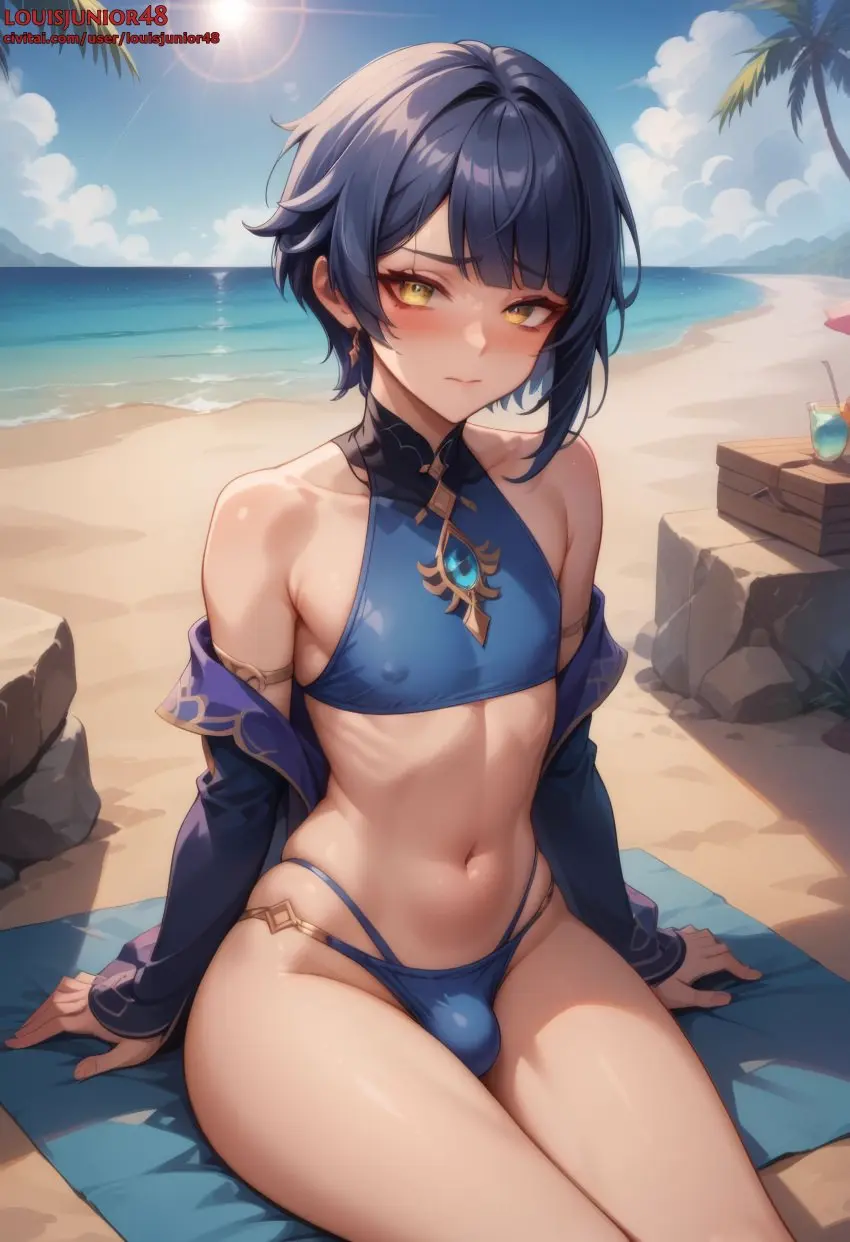 Image blush,highres,light_skin,looking_at_viewer,mostly_clothed,nipples,solo,1boy,bangs,blue_hair,male,navel,penis,yellow_eyes,bikini,thick_thighs,thighs,uncensored,wide_hips,beach,embarrassed,hips,ocean,ai_generated,femboy,male_only,trap,midriff,solo_focus,balls,light-skinned_male,sitting,slim,testicles,genshin_impact,bulge,skindentation,outdoors,tight_clothing,bikini_top,blue_bikini,feminine_male,male_focus,solo_male,bikini_bottom,nipple_bulge,mihoyo,twink,otoko_no_ko,civitai,skin_tight,penis_under_clothes,upscaled,louisjunior,sunshine,balls_under_clothes,xingqiu_(genshin_impact)