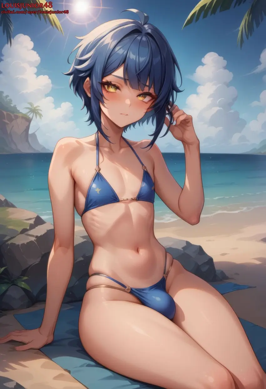 Image blush,highres,light_skin,looking_at_viewer,mostly_clothed,solo,1boy,bangs,blue_hair,male,navel,penis,yellow_eyes,bikini,thick_thighs,thighs,uncensored,wide_hips,beach,hips,ocean,ai_generated,femboy,male_only,trap,midriff,solo_focus,balls,light-skinned_male,sitting,slim,testicles,genshin_impact,bulge,skindentation,outdoors,tight_clothing,bikini_top,blue_bikini,feminine_male,male_focus,solo_male,bikini_bottom,mihoyo,twink,otoko_no_ko,civitai,skin_tight,penis_under_clothes,upscaled,louisjunior,sunshine,leaning_back,balls_under_clothes,xingqiu_(genshin_impact)