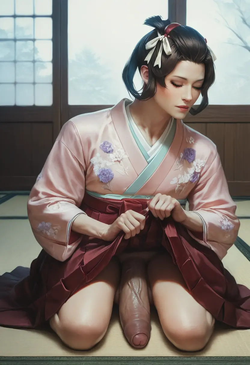 Image hair_ornament,solo,black_hair,penis,1futa,futanari,intersex,veins,ai_generated,nose,balls,hair,huge_cock,veiny_penis,lips,testicles,hair_ribbon,futa_only,closed_eyes,indoors,lifted_by_self,realistic,flaccid,skirt,no_panties,closed_mouth,ribbon,clothes_lift,foreskin,uncircumcised,thick_penis,partially_retracted_foreskin,retracted_foreskin,asian,hakama,hakama_skirt,kimono,skirt_lift,seiza,floral_print,dark_penis,japanese_clothes,gyakuten_saiban,penis_out,penis_under_clothes,penis_under_skirt,asian_futa,babski326,tatami,balls_under_clothes,bottomless_skirt,hair_rings,pink_kimono,red_hakama,susato_mikotoba,the_great_ace_attorney