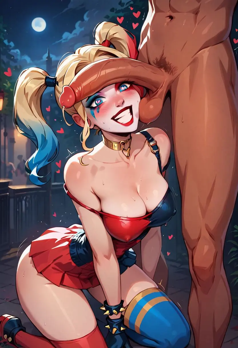 Image breasts,clothed,female,large_breasts,penis,ai_generated,cleavage,solo_focus,balls,outdoors,public,batman_(series),dc,dc_comics,large_penis,balls_on_face,large_ass,harley_quinn,penis_on_face,imminent_oral