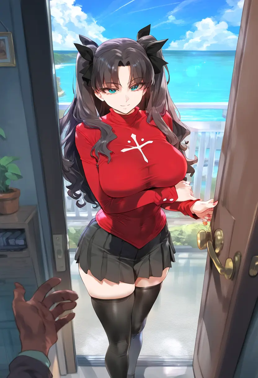 Image 1girls,breasts,female,hi_res,light-skinned_female,black_hair,black_legwear,blue_eyes,male,thick_thighs,dark-skinned_male,ai_generated,twintails,fate_(series),tohsaka_rin,thiccwithaq_(ai_style),inminent_sex,waifulover
