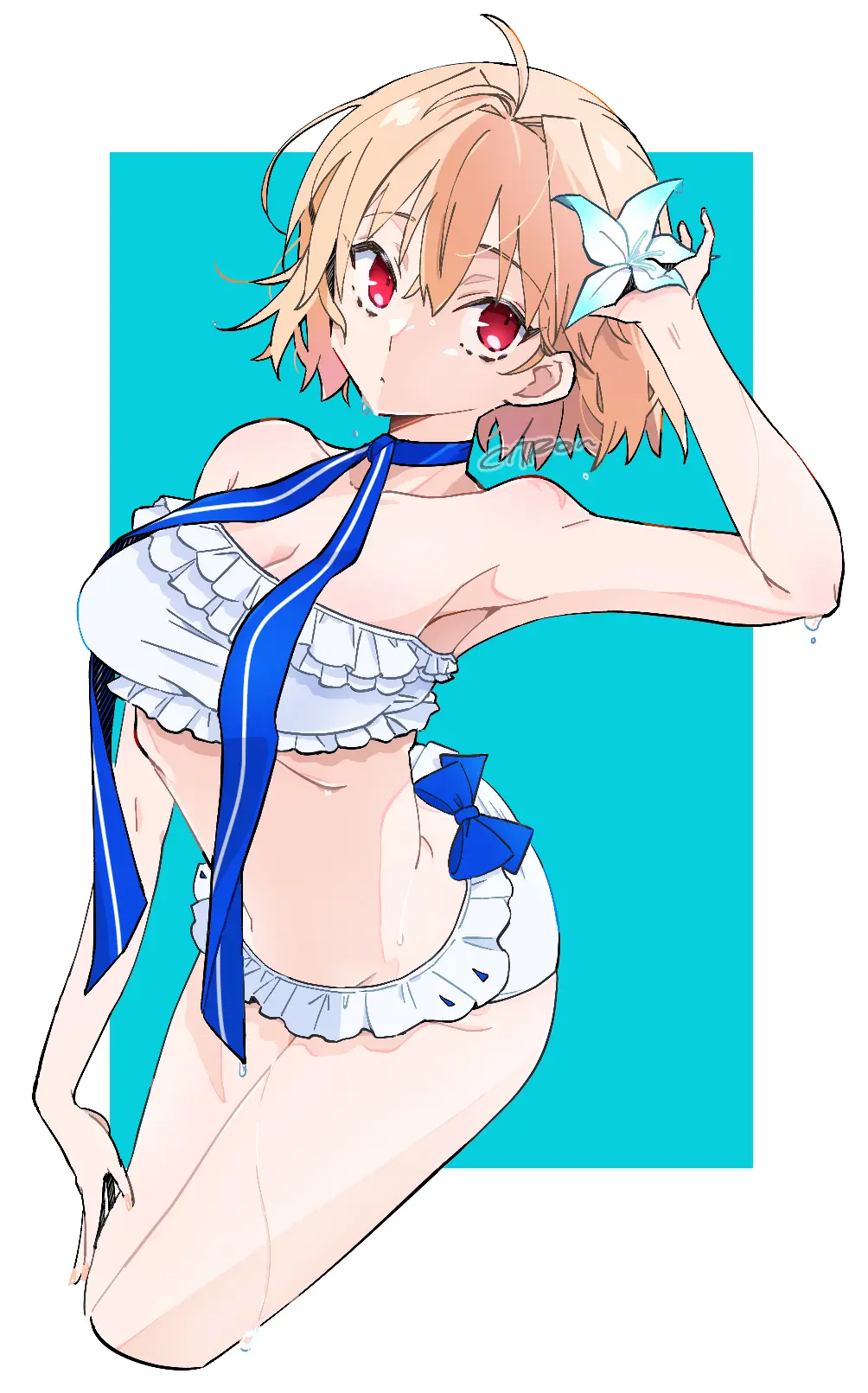 Image breasts,female,hair_ornament,highres,large_breasts,looking_at_viewer,red_eyes,short_hair,bikini,thighs,bare_shoulders,cleavage,blonde_hair,swimsuit,ahoge,blue_ribbon,ribbon,white_bikini,flower,hair_flower,fate_(series),fate/grand_order,arcueid_brunestud,citron80citron,tsukihime