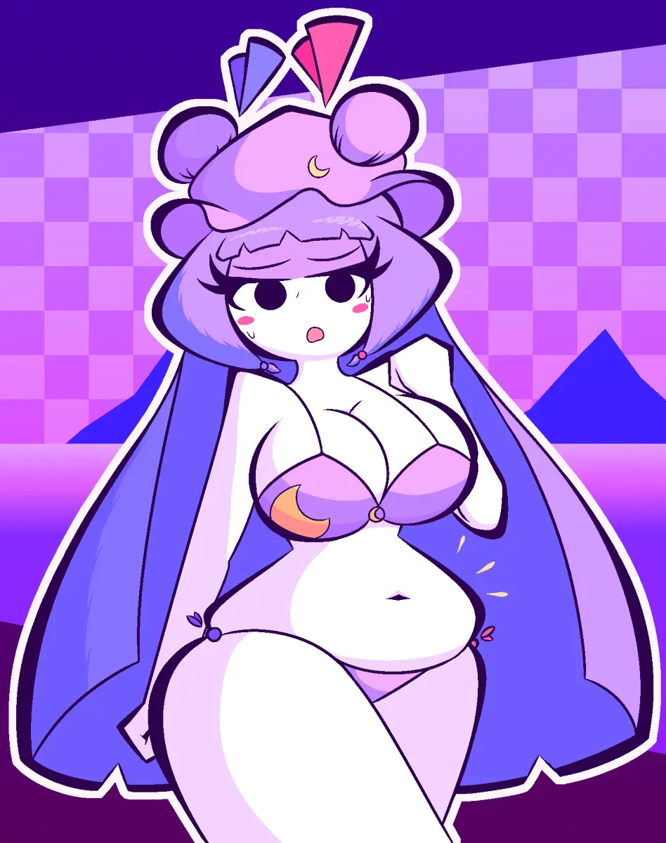 Image female,touhou,bikini,hat,thick_thighs,midriff,tagme,thick,swimsuit,purple_hair,chubby,patchouli_knowledge,woah_maaan