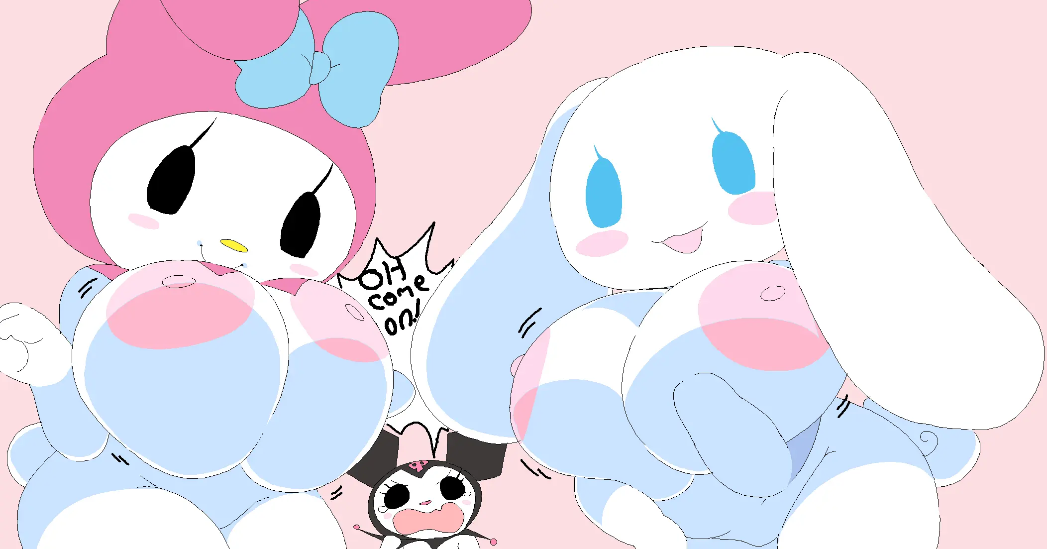 Image big_breasts,bow,breasts,female,hi_res,simple_background,blue_eyes,wide_hips,huge_breasts,anthro,cute,canid,motion_lines,big_areola,white_body,anthrofied,3girls,breast_squeeze,big_ears,hood,breast_squish,long_ears,rabbit,rule_63,kuromi,my_melody,onegai_my_melody,sanrio,canid_humanoid,2020,rabbit_girl,genderswap_(mtf),curled_tail,mob_face,rabbit_humanoid,blush_stickers,adorable,cassettedream,cinnamon_(cinnamoroll),cinnamoroll,cinnamoroll_(series),dream-cassette,featureless_crotch,hoshime,voice_actor_connection