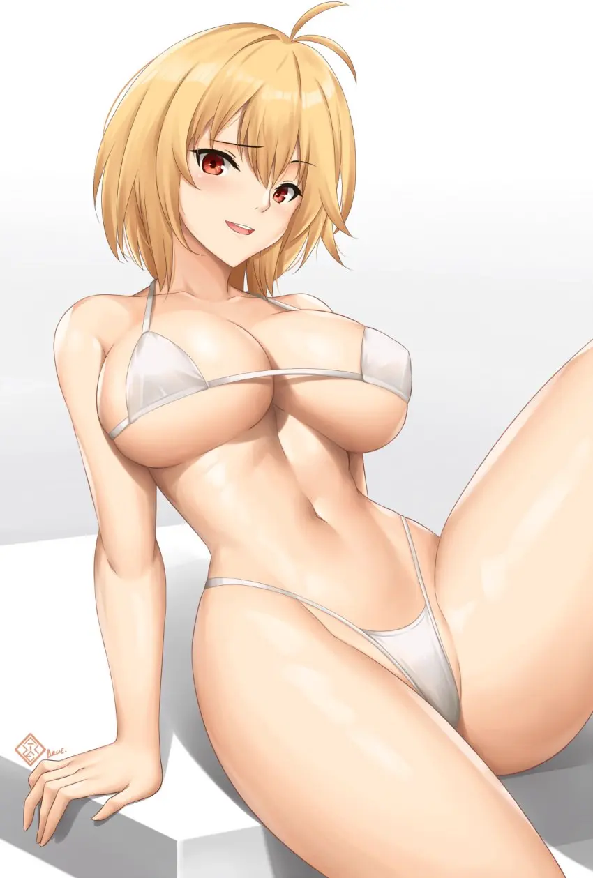 Image breasts,female,highres,large_breasts,looking_at_viewer,open_mouth,red_eyes,simple_background,smile,white_background,navel,bikini,bare_shoulders,cleavage,collarbone,blonde_hair,sitting,swimsuit,light_blush,medium_hair,hair_between_eyes,white_bikini,arm_support,highleg,signature,antenna_hair,highleg_bikini,covered_erect_nipples,arcueid_brunestud,tsukihime,arcie,arcie_albano,arciealbano,linea_alba