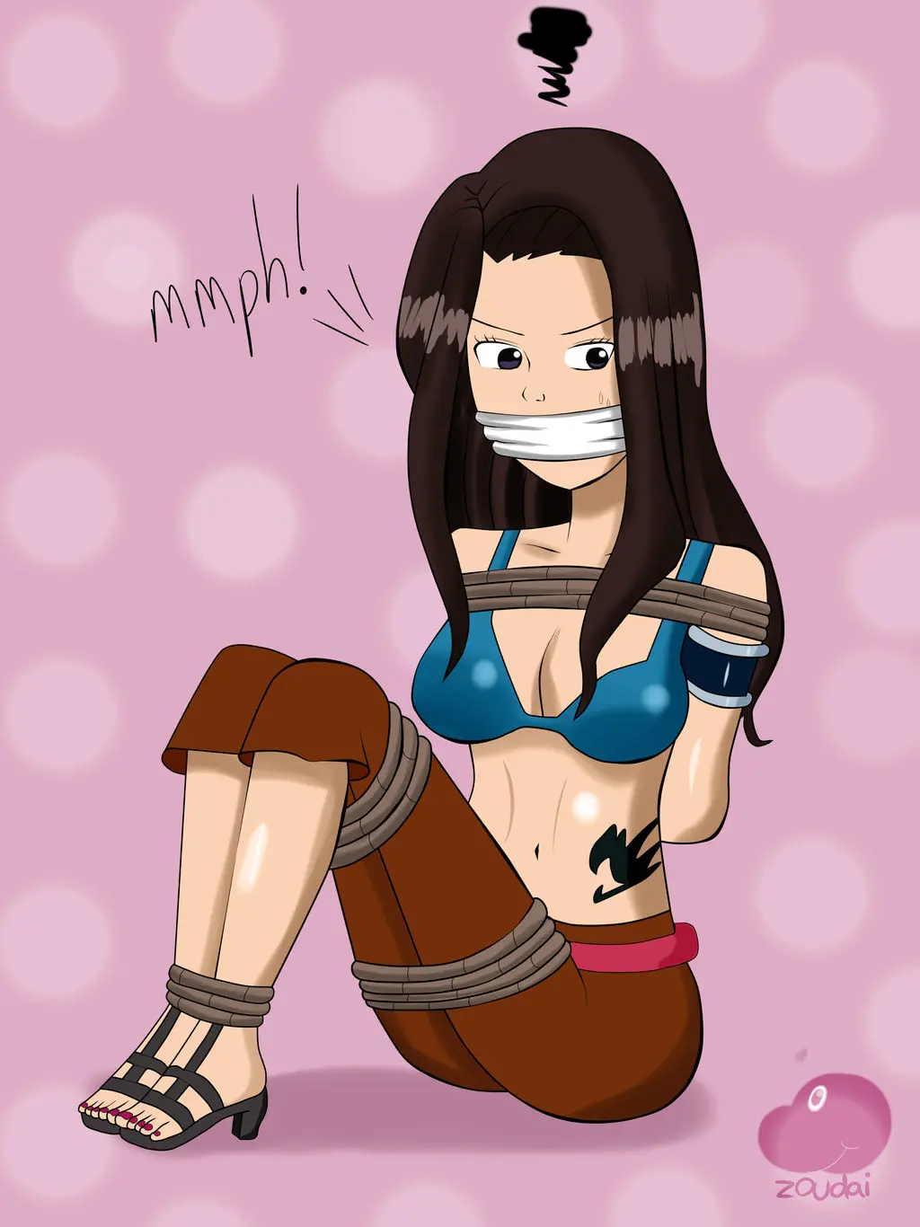 Image 1girls,breasts,clothed,female,pants,solo,cleavage,clothed_female,solo_female,brown_hair,restrained,open_toe_shoes,bikini_top,bondage,tied_up,femsub,sandals,bound,gag,gagged,bound_and_gagged,bound_ankles,arms_behind_back,rope,rope_bondage,bound_arms,fairy_tail,arms_tied_behind_back,bound_legs,high_heel_sandals,damsel_in_distress,cana_alberona,cloth_gag,over_the_mouth_gag,zoudai