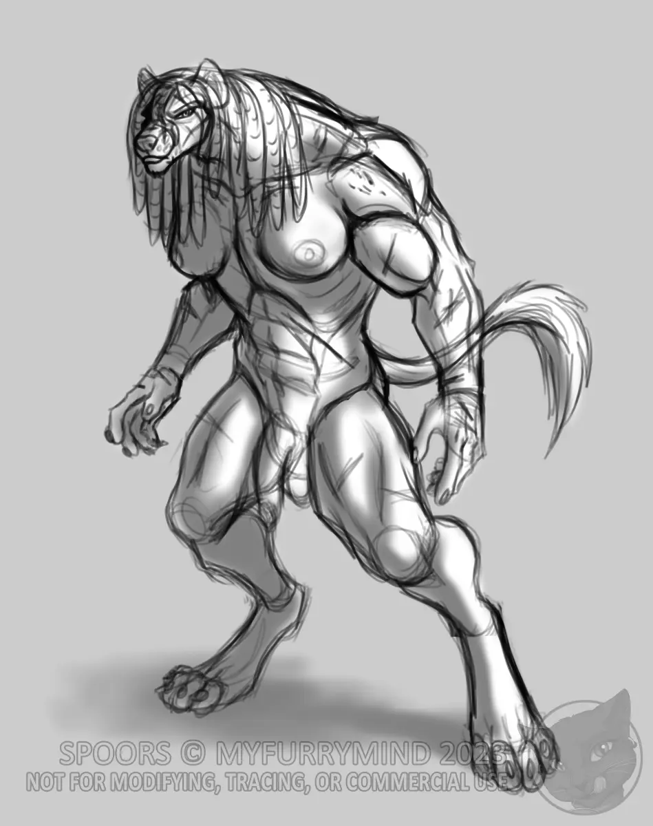 Image 2023,breasts,hi_res,nipples,solo,standing,navel,nude,penis,futanari,intersex,muscular,feet,watermark,eyebrows,balls,hair,anthro,fur,genitals,mammal,muscular_anthro,paws,5_fingers,fingers,toes,gynomorph,humanoid_hands,4_toes,hindpaw,muscular_intersex,hyena,dreadlocks,muscular_gynomorph,spotted_hyena,aisha_(myfurrymind),myfurrymind