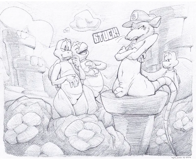 Image blush,clothing,male,nude,penis,hat,headwear,wide_hips,male_only,headgear,balls,nude_male,half-closed_eyes,cloud,closed_eyes,mario_(series),nintendo,outdoors,humiliation,fur,genitals,mammal,flower,narrowed_eyes,scalie,line_art,male_focus,murid,blush_lines,crossed_arms,plant,tuft,murine,rat,rodent,koopa,traditional_media_(artwork),fur_tuft,super_mario_bros.,stuck,pipes,bush_(disambiguation),halo-pano,koopa_troopa,laughing_at,looking_annoyed,pen_(artwork),stuck_in_pipe