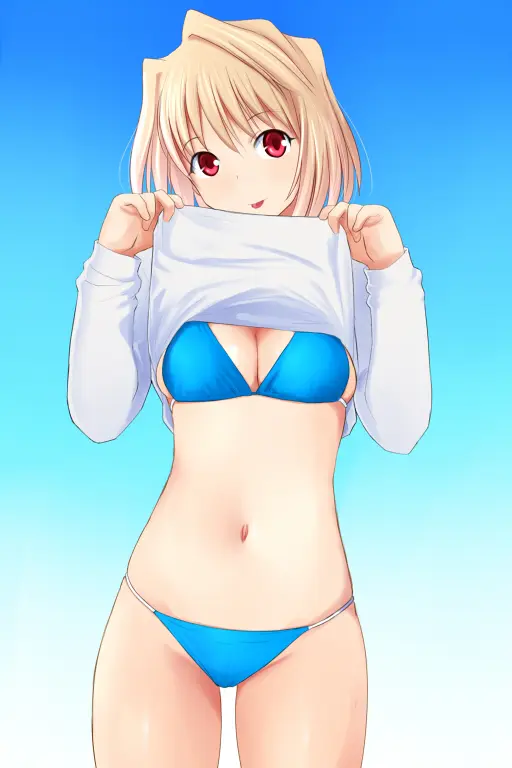 Image breasts,female,red_eyes,shiny_skin,solo,navel,short_hair,bikini,tongue,cleavage,thigh_gap,blonde_hair,swimsuit,skindentation,string_bikini,clothes_lift,shirt_lift,blue_bikini,sweater,arcueid_brunestud,tsukihime,revision,00s,katatsuka_kouji