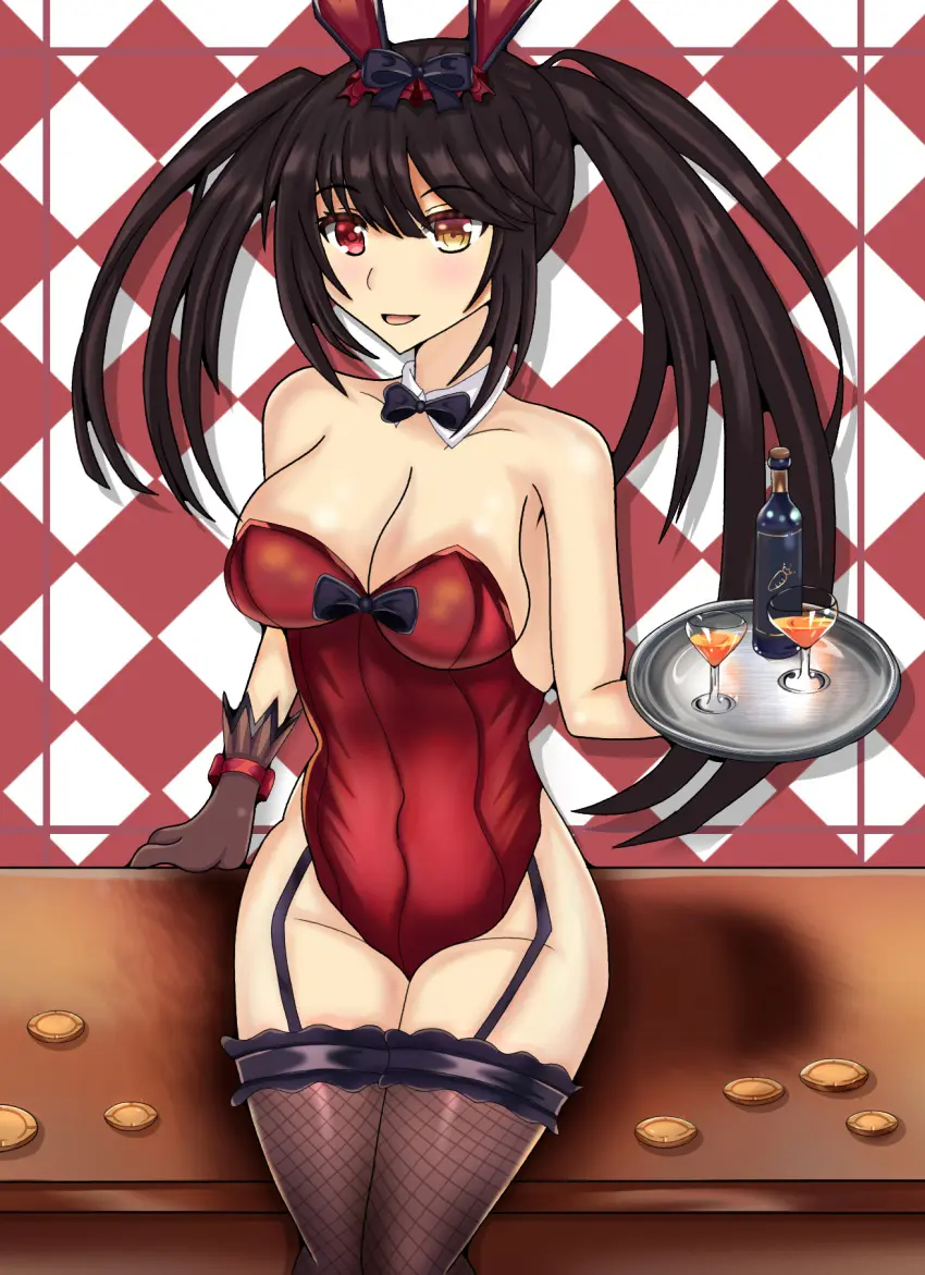 Image breasts,female,female_only,light-skinned_female,long_hair,red_eyes,solo,black_hair,thighs,solo_female,bunny_ears,twintails,heterochromia,bunnysuit,date_a_live,tokisaki_kurumi