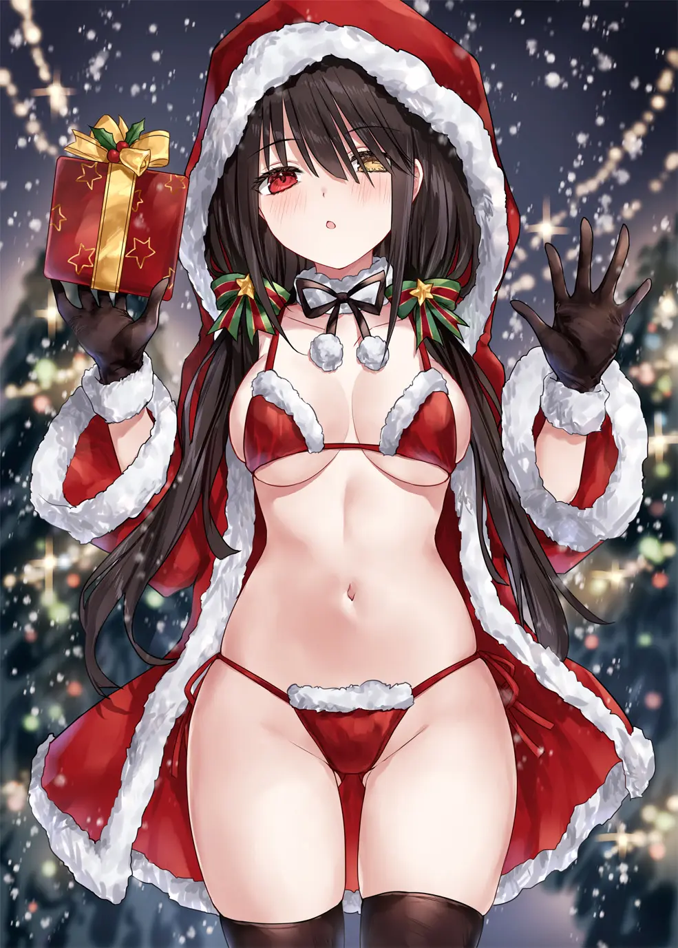 Image breasts,female,female_only,light-skinned_female,long_hair,red_eyes,solo,black_hair,bikini,thighs,belly,belly_button,solo_female,stockings,twintails,heterochromia,date_a_live,santa_costume,tokisaki_kurumi,gift,christmas_outfit,gift_box