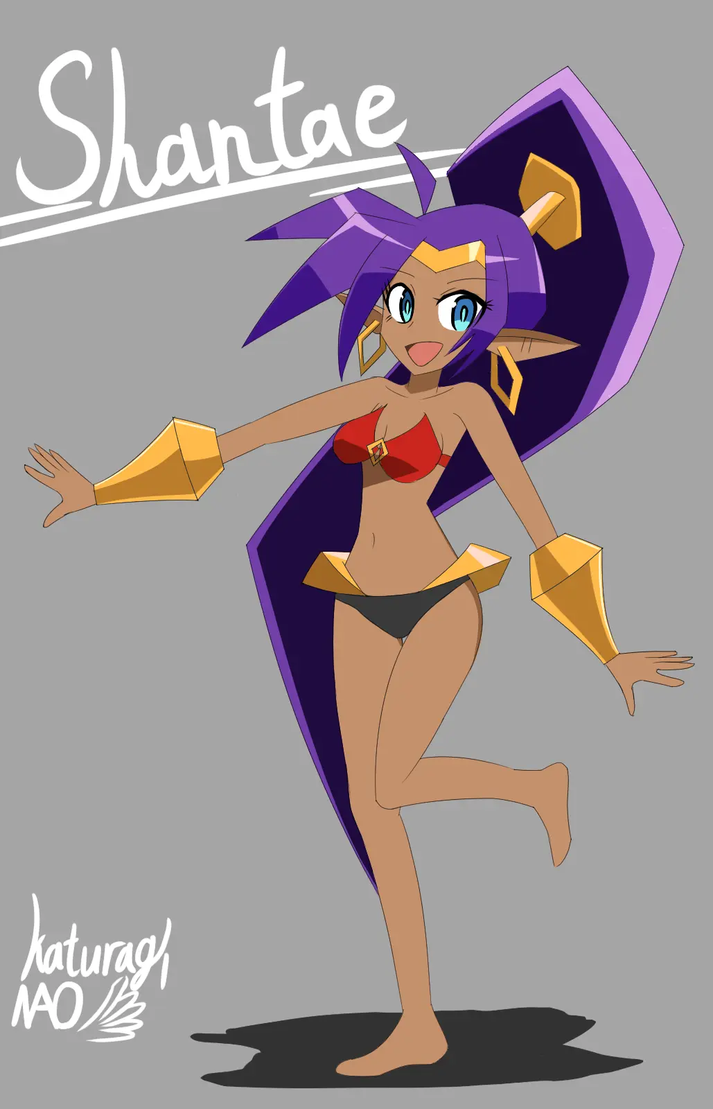 Image 1girls,female,female_only,long_hair,open_mouth,simple_background,solo,very_long_hair,blue_eyes,bikini,earrings,barefoot,humanoid,ponytail,feet,solo_female,pointy_ears,purple_hair,soles,ear_piercing,bikini_top,grey_background,bikini_bottom,shantae,shantae_(character),wayforward,one_female,bare_soles,solo_only,red_bikini_top,black_bikini_bottom,humanoid_female