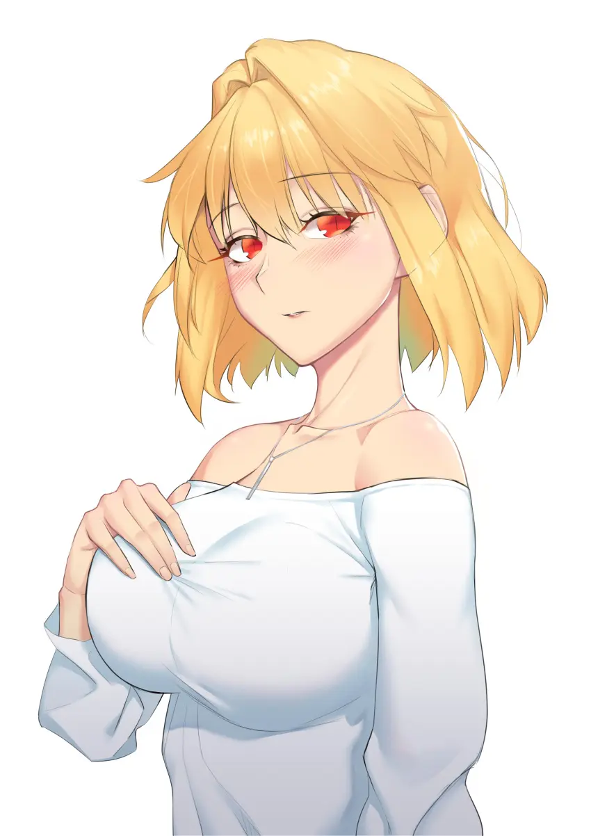 Image blush,breasts,female,highres,looking_at_viewer,red_eyes,shirt,simple_background,solo,absurdres,short_hair,bare_shoulders,collarbone,jewelry,blonde_hair,medium_breasts,parted_lips,necklace,hair_between_eyes,upper_body,white_shirt,hair_intakes,off_shoulder,slit_pupils,fingernails,taut_clothes,blouse,hand_on_breast,hand_up,arcueid_brunestud,tsukihime,kiji_711,taut_shirt