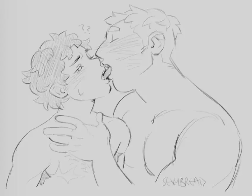 Image male,intersex,dark-skinned_male,interracial,2boys,male_only,yaoi,naked,gay,sweatdrop,kissing,cuntboy,french_kiss,blushing,dungeon_meshi,laios_touden,mastectomy_scar,greyscale,no_color,tongue_kiss,delicious_in_dungeon,kabru,sexierbread,cuntboy/male