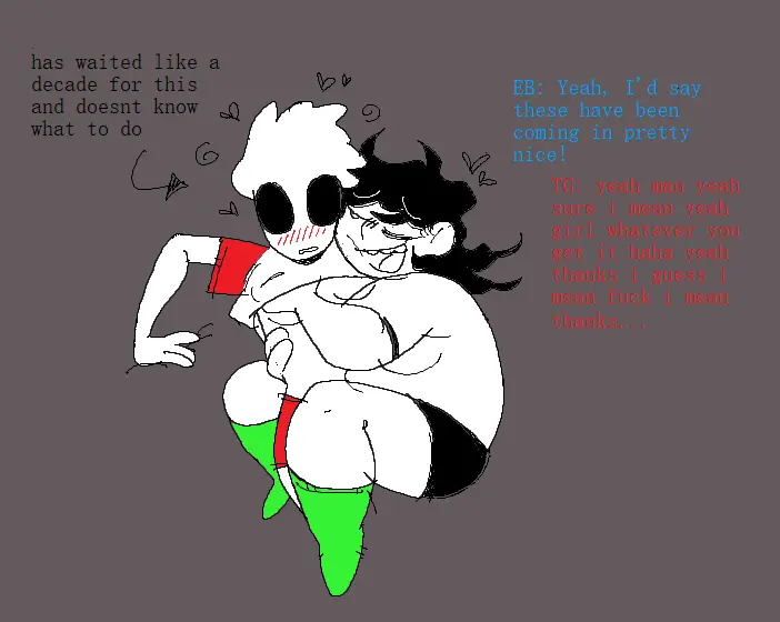 Image blush,breasts,female,human,duo,futanari,intersex,embarrassed,text,flustered,black_and_white,mammal,dialogue,breast_grab,skinny,english_text,gynomorph,overweight,hand_on_breast,cuddling,trans_woman,transfem,overstimulation,intersex/intersex,grope,homestuck,ms_paint_adventures,dave_strider,june_egbert,sleepygirlthing