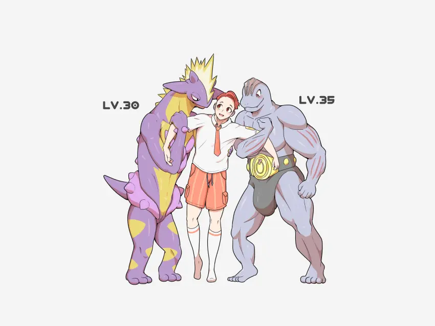 Image clothing,hi_res,human,simple_background,white_background,male,penis,pokemon,pokemon_(species),male_only,absurd_res,school_uniform,nintendo,bulge,flaccid,genitals,mammal,shorts,4:3,male_focus,animal_genitalia,uniform,group,trio,machoke,genital_slit,generation_8_pokemon,bottomwear,generation_1_pokemon,amped_toxtricity,naranja_academy,shimita,toxtricity