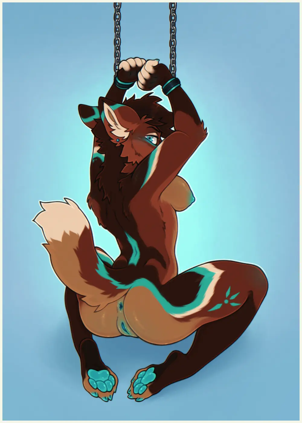 Image breasts,female,hi_res,nipples,simple_background,solo,blue_eyes,nude,pussy,tail,blue_background,feet,anthro,piercing,anus,flustered,glowing_eyes,canid,canine,fur,genitals,mammal,paws,blue_nipples,ear_piercing,bondage,toes,raised_tail,glowing,bound,restraints,pawpads,4_toes,cuff_(restraint),blue_anus,blue_pawpads,blue_pussy,maned_wolf,border,white_border,glowing_genitalia,blue_genitals,jakkuu,vibestrike