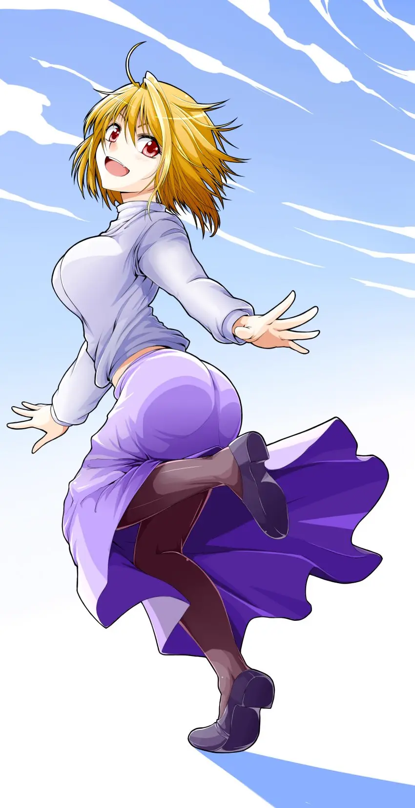Image breasts,female,highres,large_breasts,red_eyes,simple_background,solo,absurdres,short_hair,ass,blonde_hair,ahoge,skirt,sweater,turtleneck,pantyhose,black_pantyhose,long_skirt,purple_skirt,arcueid_brunestud,tsukihime,00s,kyo9999