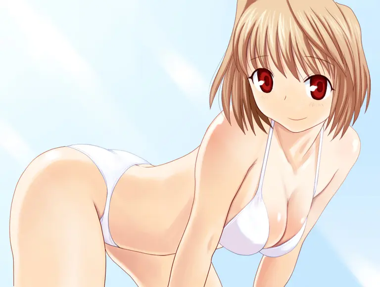 Image breasts,female,large_breasts,looking_at_viewer,red_eyes,smile,solo,short_hair,bikini,cleavage,blonde_hair,swimsuit,brown_hair,bent_over,white_bikini,all_fours,arcueid_brunestud,tsukihime,00s,katatsuka_kouji