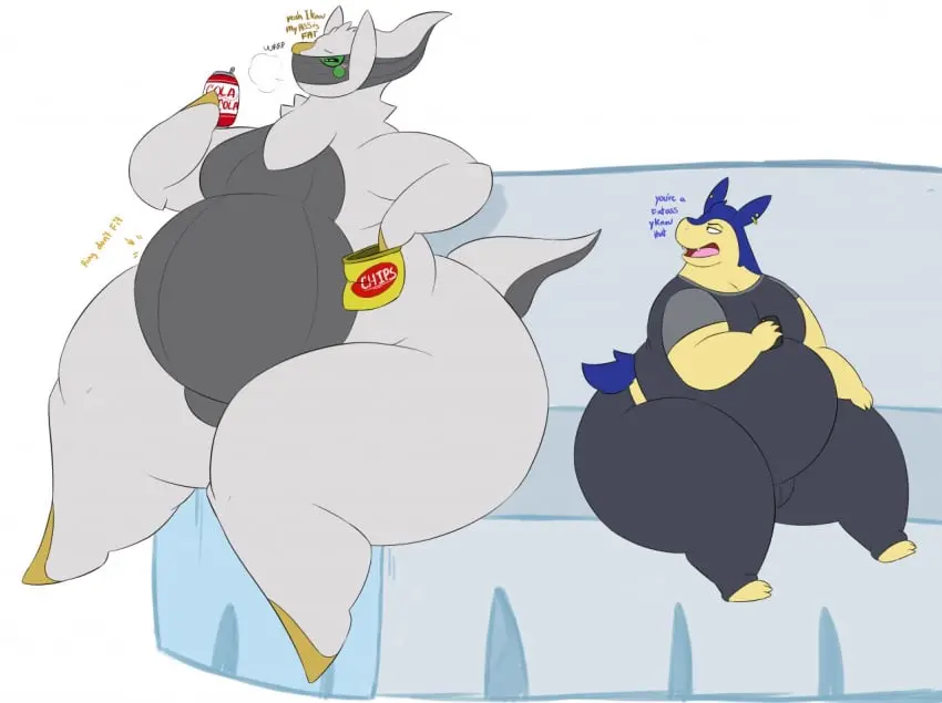 Image pokemon,sitting,no_humans,obese,ice,obese_anthro,arceus,eating_chips,megacoolbear_(artist)