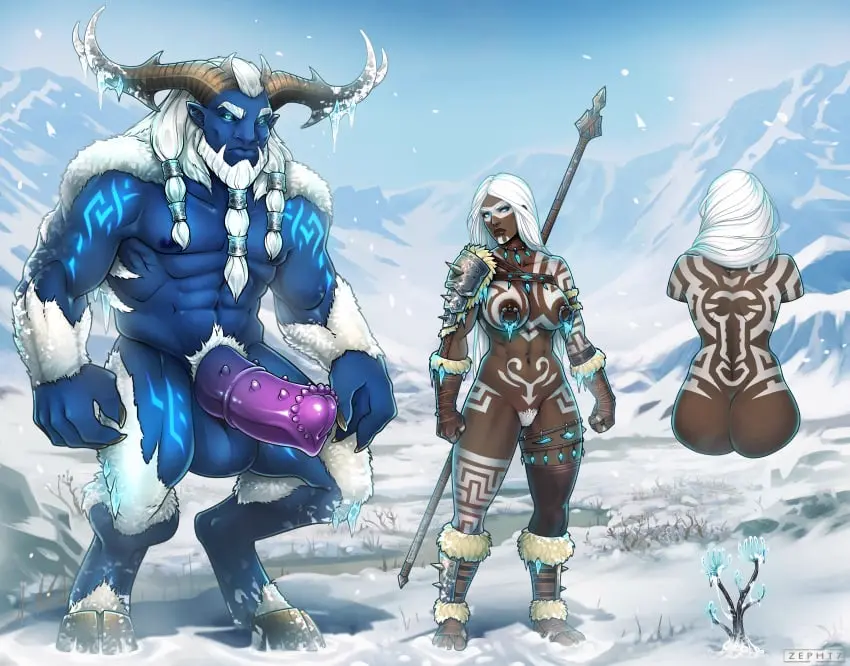 Image female,male,penis,pussy,balls,dark-skinned_female,pubic_hair,erect_penis,blue_body,nipple_piercing,character_sheet,blue_skin,ice,snow,tribal_markings,tribal_tattoo,galbuscho,ebba_(galbuscho),nissegard_(galbuscho),zepht7