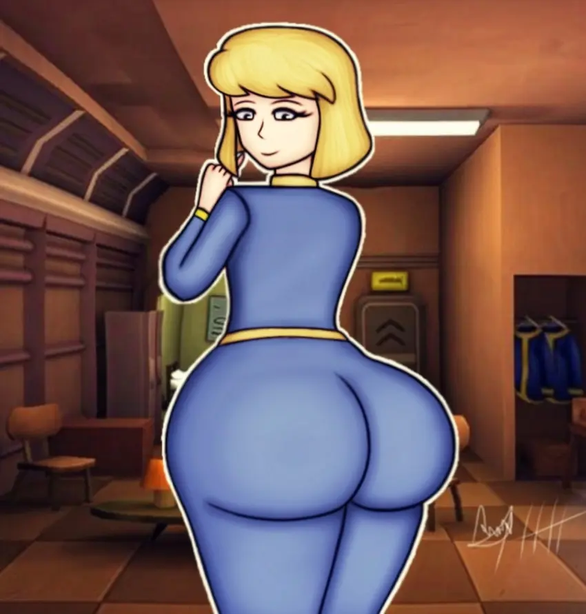 Image female,short_hair,background,ass,big_ass,big_butt,huge_ass,looking_back,white_skin,blonde_hair,black_eyes,blonde_hair_female,white_body,blonde_female,looking_back_at_viewer,blue_clothing,bethesda_softworks,fallout,vault_girl,vault_suit,angelindieart14,blue_suit,dead_source,yellow_lines