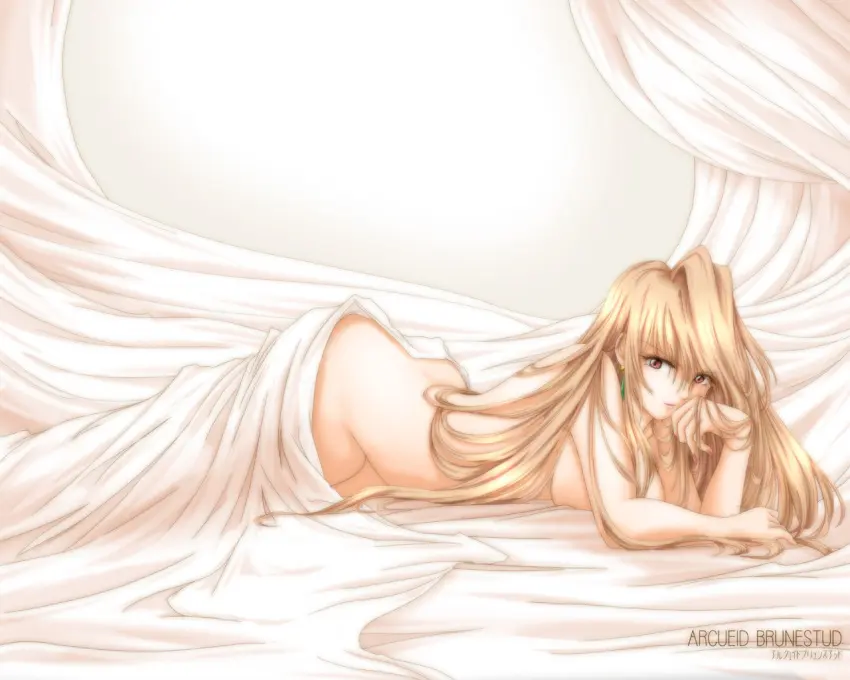Image breasts,female,long_hair,red_eyes,solo,nude,lying,earrings,jewelry,blonde_hair,on_stomach,nail_polish,bed,wallpaper,covering_privates,arcueid_brunestud,tsukihime,00s,akatsuki_akane,nude_cover