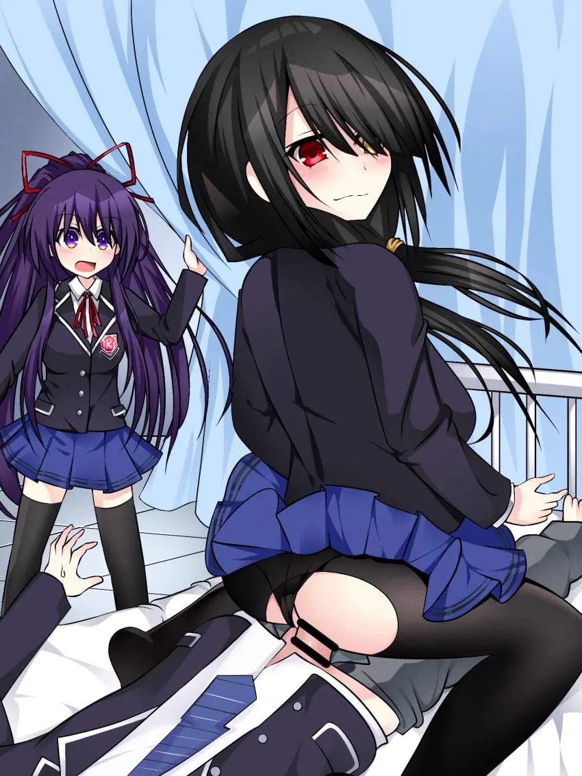 Image blush,breasts,female,light-skinned_female,long_hair,red_eyes,1boy,2girls,black_hair,male,ass,sex,light-skinned_male,purple_eyes,school_uniform,purple_hair,bed,skirt,heterochromia,pantyhose,clothed_sex,date_a_live,yatogami_tohka,tokisaki_kurumi,ripped_pantyhose,itsuka_shido,raizen_high_school_uniform,watching_sex