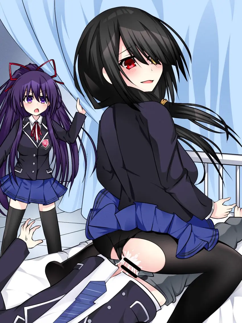 Image breasts,female,light-skinned_female,long_hair,red_eyes,1boy,2girls,black_hair,cum,male,ass,sex,cum_in_pussy,cum_inside,vaginal_penetration,purple_eyes,school_uniform,censored,purple_hair,bar_censor,pantyhose,semen,clothed_sex,date_a_live,yatogami_tohka,tokisaki_kurumi,ripped_pantyhose,watching_sex