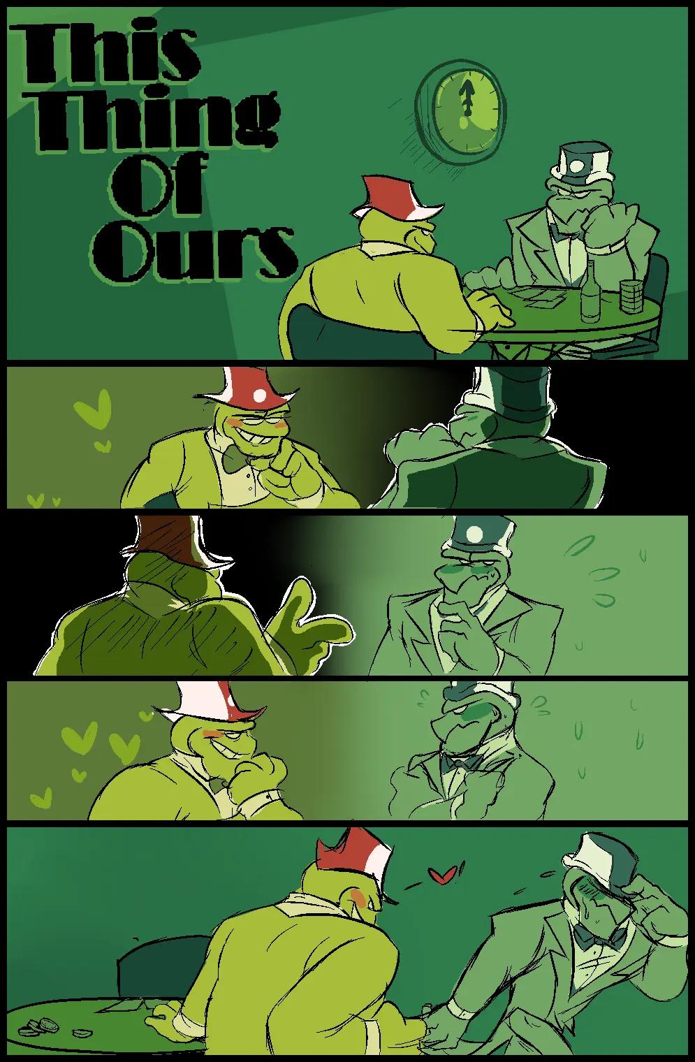 Image blush,smile,male,sweat,hat,muscular,muscular_male,2boys,green_skin,gay,comic,comic_page,romantic,heart,sweating,nervous,bowtie,part_of_a_set,hearts,imminent_sex,before_sex,<3,suit,flirting,homestuck,ms_paint_adventures,the_felt,cans_(homestuck),leprechaun_(homestuck),naughtybassard,part_1,part_of_comic,quarters_(homestuck),torquewintress
