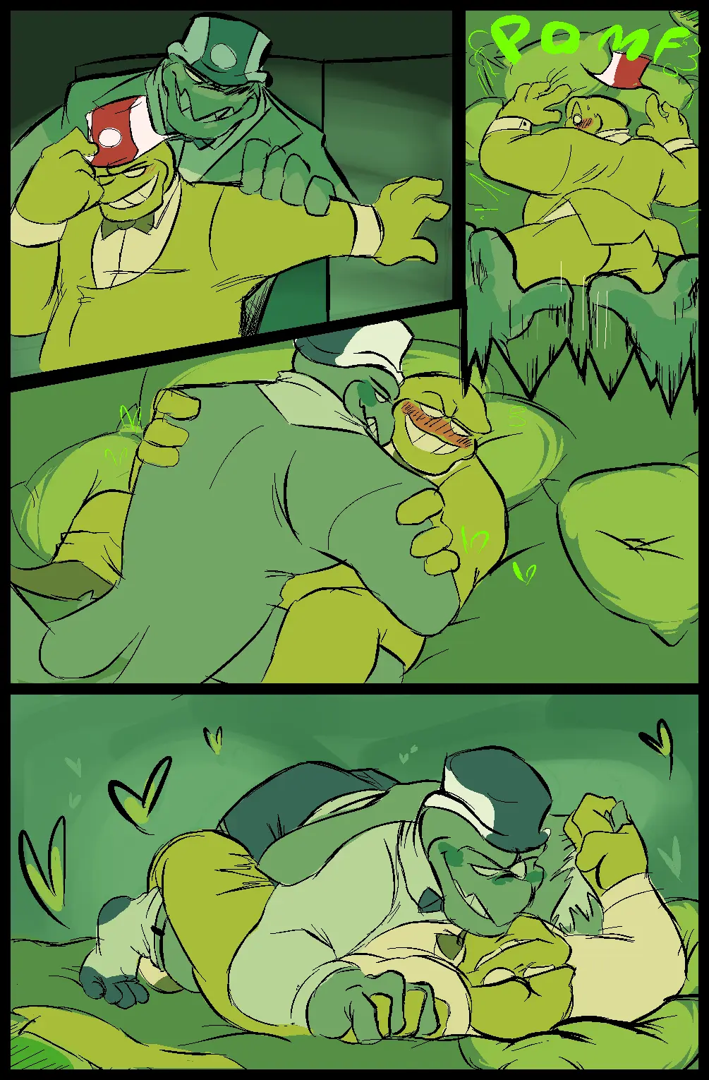 Image blush,clothed,male,muscular,muscular_male,smiling,2boys,green_skin,gay,gay_sex,comic,comic_page,romantic,romantic_couple,lying_on_bed,heart,holding_hands,taking_clothes_off,part_of_a_set,blushing,hearts,imminent_sex,before_sex,<3,cuddling,flirting,pushing,homestuck,ms_paint_adventures,the_felt,cans_(homestuck),leprechaun_(homestuck),naughtybassard,part_of_comic,quarters_(homestuck),torquewintress,part_2