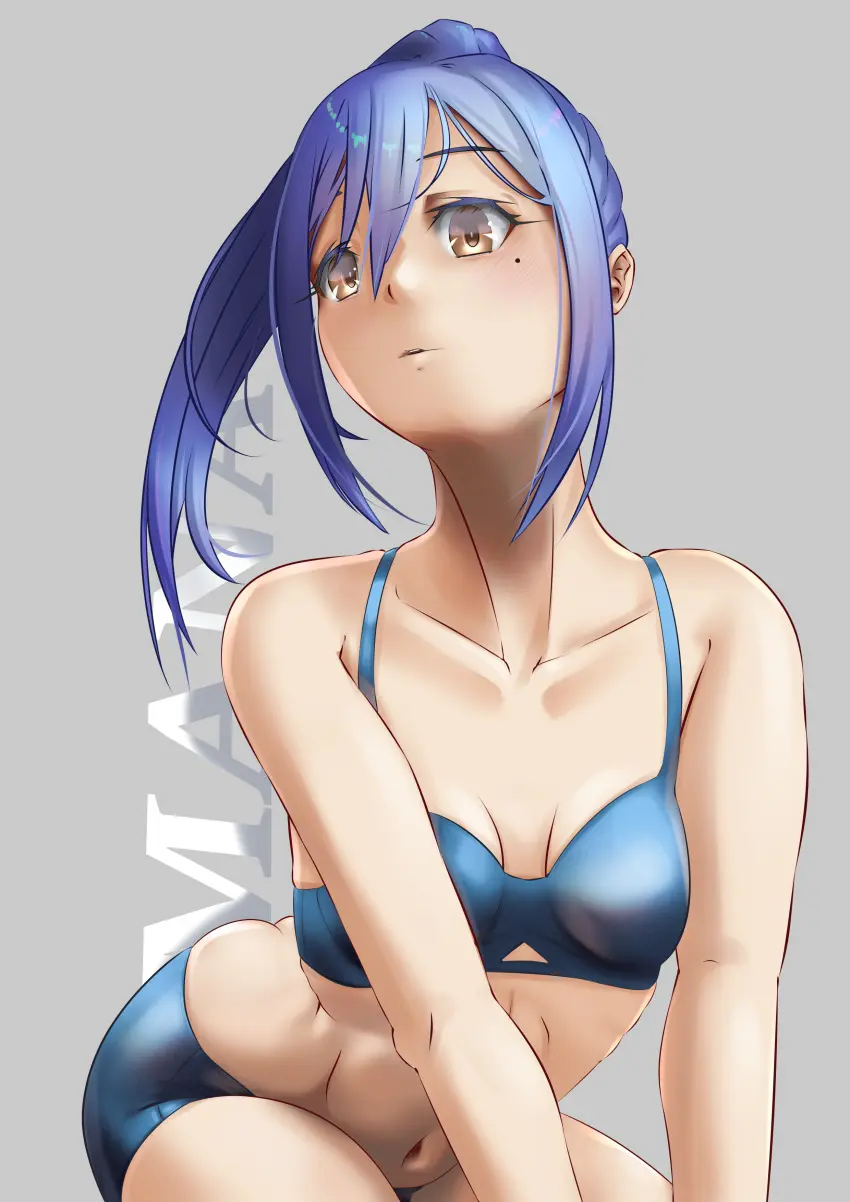 Image 1girls,breasts,brown_eyes,female,female_only,highres,light-skinned_female,light_skin,simple_background,solo,blue_hair,female_focus,small_breasts,thighs,belly,solo_female,parted_lips,tied_hair,absurd_res,closed_eyes,shorts,grey_background,younger_female,yoga_pants,date_a_live,dark_blue_hair,digitalfragment,exercise_clothing,takamiya_mana