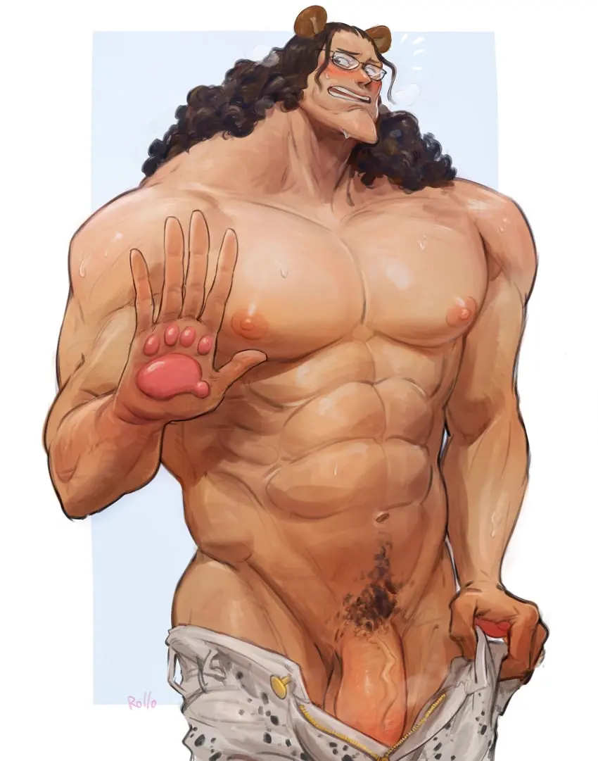 Image blush,highres,long_hair,looking_at_viewer,nipples,open_mouth,pants,solo,1boy,animal_ears,black_hair,male,navel,nude,penis,sweat,curly_hair,one_piece,veins,muscular,muscular_male,embarrassed,male_only,artist_name,glasses,veiny_penis,cock,pubic_hair,dick,male_pubic_hair,flaccid,furrowed_brow,nose_blush,stomach,male_focus,abs,bear_ears,pectorals,open_fly,pawpads,zipper,unzipped,black_pubic_hair,clothes_pull,open_pants,pants_pull,hand_up,bartholomew_kuma,kuyuen1,zipper_pull_tab