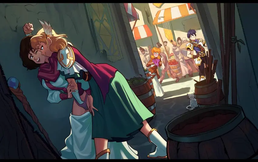 Image brown_eyes,female,hair_ornament,2girls,blue_eyes,multiple_girls,panties,blonde_hair,dress,brown_hair,public,cape,yuri,fire_emblem,feline,boots,staff,voyeur,voyeurism,public_sex,fire_emblem:_genealogy_of_the_holy_war,timbocactus,janne_(fire_emblem),jeanne_(fire_emblem),lana_(fire_emblem),market,marketplace,masturbating_other,nanna_(fire_emblem),ornaments,scathach_(fire_emblem)