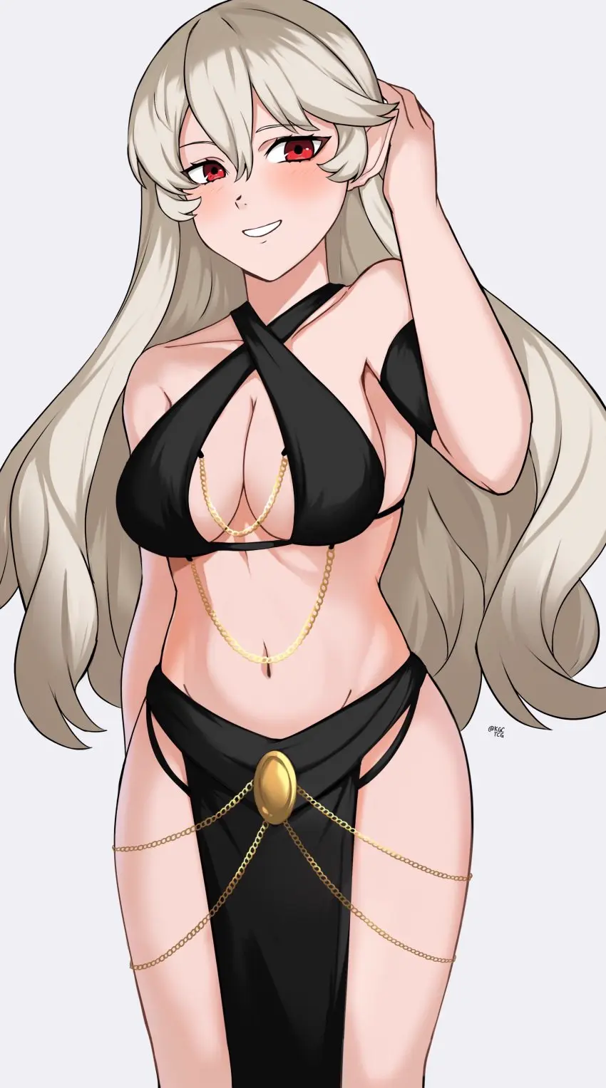 Image 1girls,breasts,female,female_only,grey_hair,highres,long_hair,looking_at_viewer,red_eyes,smile,solo,white_background,absurdres,navel,cleavage,teeth,medium_breasts,pointy_ears,nintendo,alternate_costume,fire_emblem,fire_emblem_fates,chains,meme_attire,yomorio_lingerie,pelvic_curtain,gold_chain,corrin_(fire_emblem),corrin_(fire_emblem)_(female),adjusting_hair,kgctcg