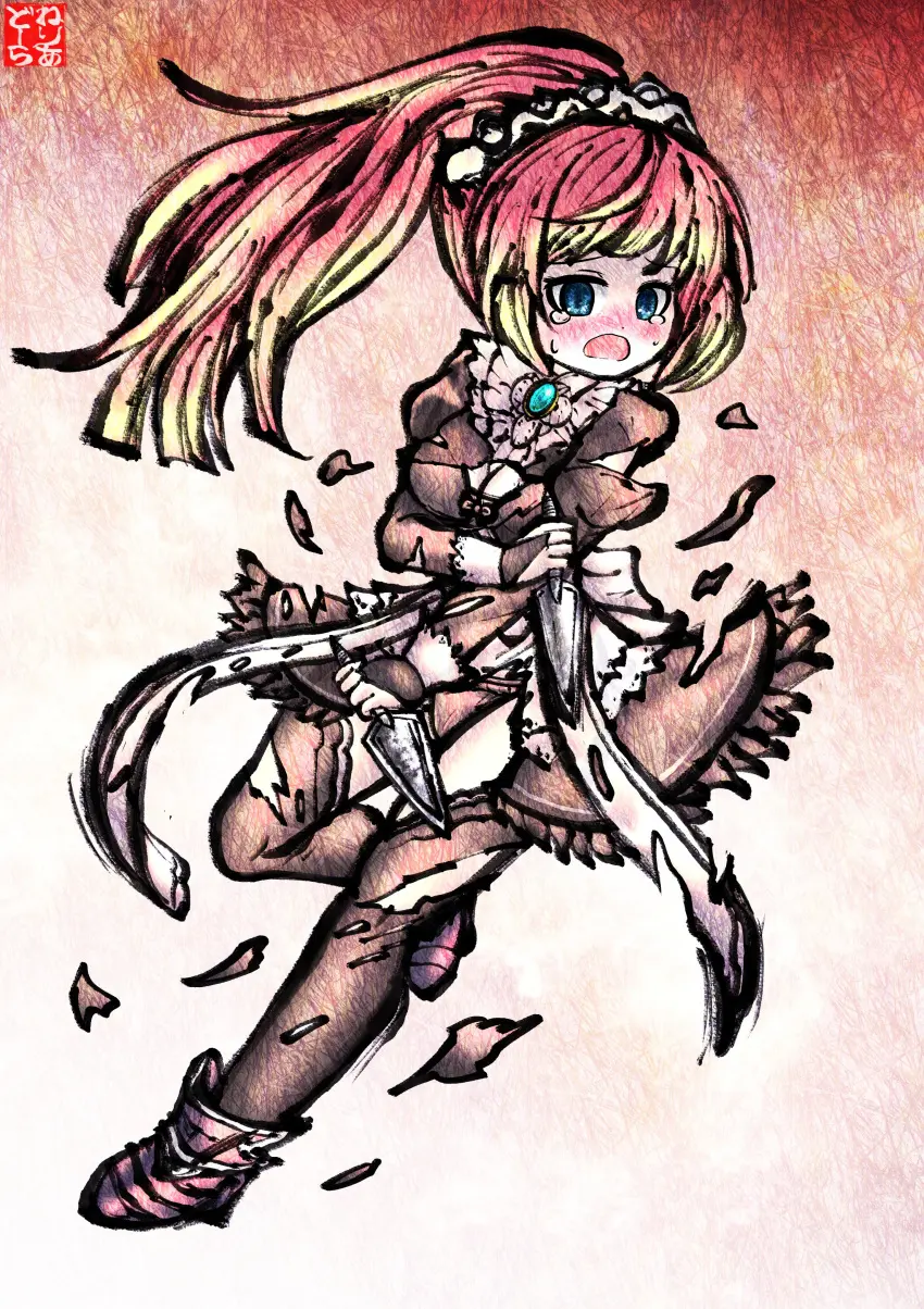 Image 1girls,blush,breasts,female,female_only,highres,solo,absurdres,blue_eyes,panties,underwear,thighs,ponytail,embarrassed,bare_thighs,cleavage,medium_breasts,nintendo,black_panties,maid,maid_headdress,apron,fire_emblem,torn_clothes,fire_emblem_fates,weapon,commission,skeb_commission,maid_apron,inner_thighs,knife,dagger,feather_trim,felicia_(fire_emblem),neriedor